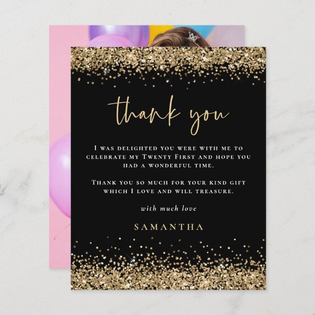Budget Gold Glitter Photo 21st Black Thank You (Front/Back)