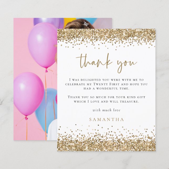 Budget Gold Glitter Photo 21st Party Thank You (Front/Back)