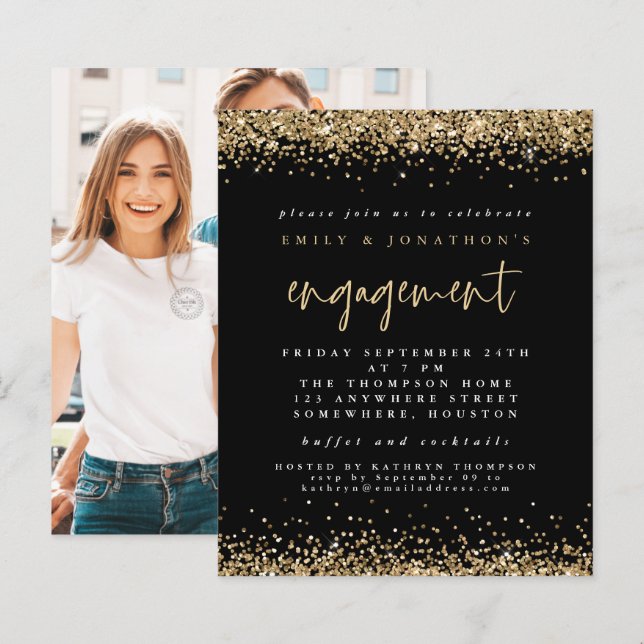 Budget Gold Glitter Photo Engagement Black Invite (Front/Back)