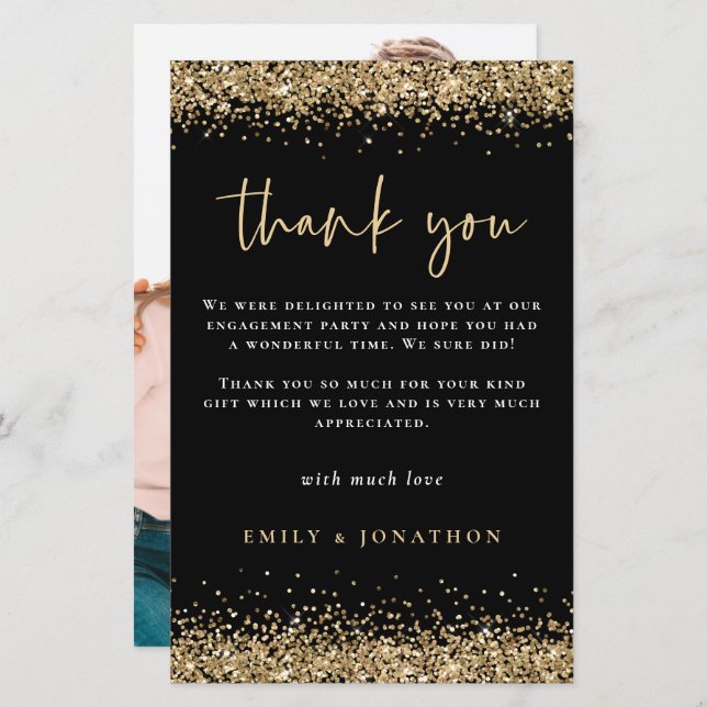Budget Gold Glitter Photo Engagement Black Thanks (Front/Back)
