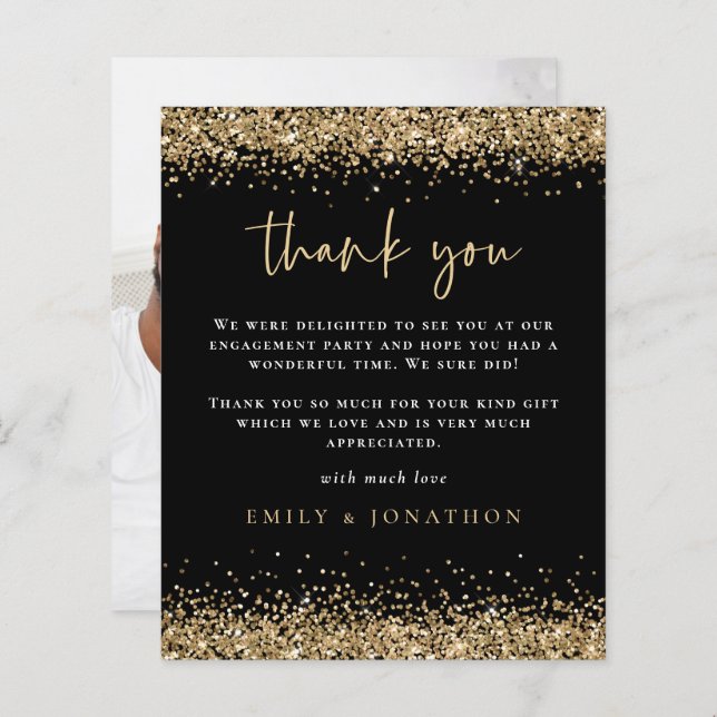 Budget Gold Glitter Photo Engagement Black Thanks (Front/Back)