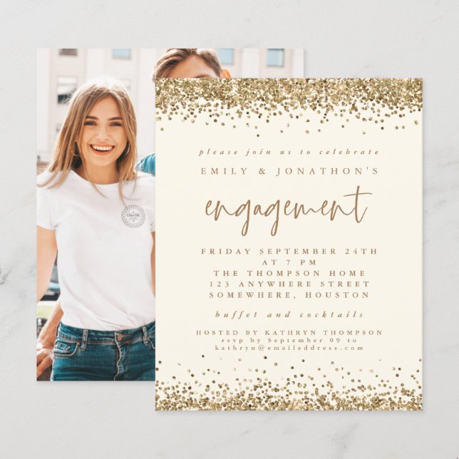Budget Gold Glitter Photo Engagement Cream Invite (Front/Back)