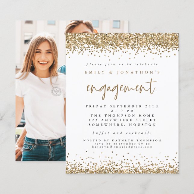 Budget Gold Glitter Photo Engagement Invitation (Front/Back)