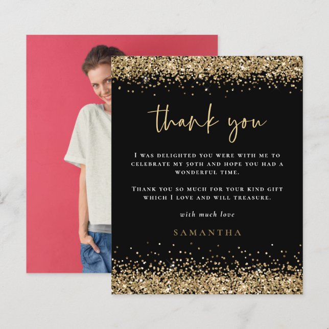 Budget Gold Glitter Photo Fiftieth Black Thank You (Front/Back)
