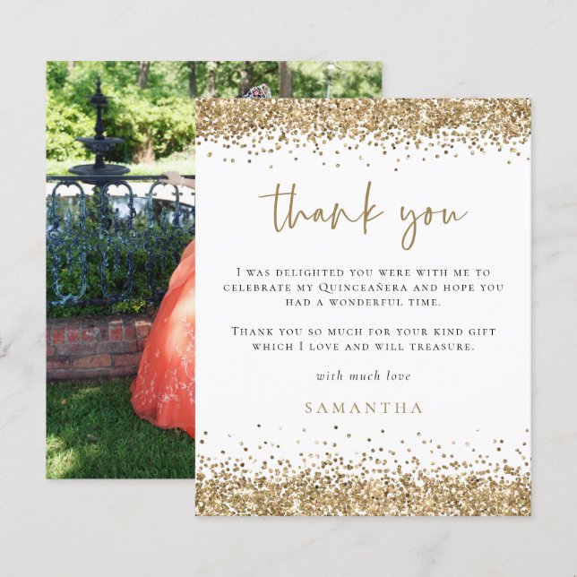 Budget Gold Glitter Photo Quinceañera Thank You (Front/Back)