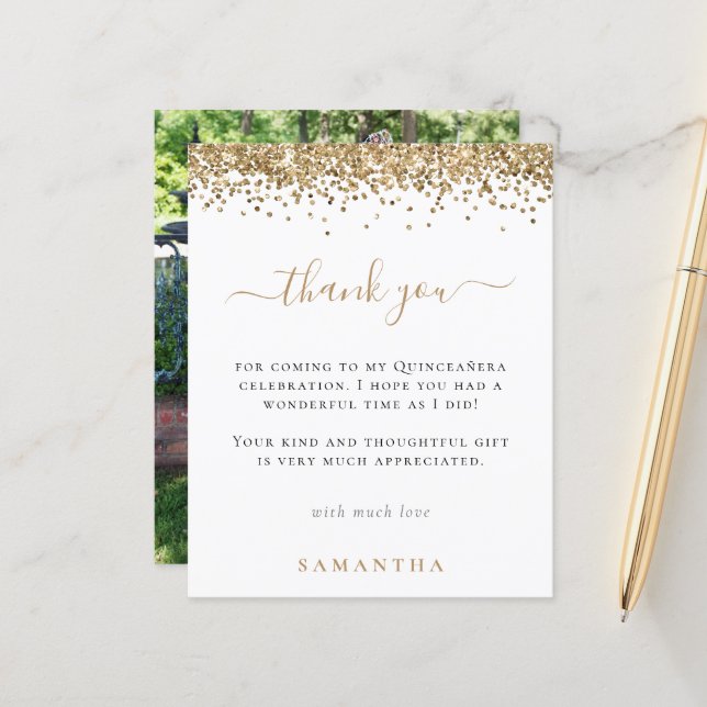 Budget Gold Glitter Photo Quinceanera Thank You (Front/Back In Situ)