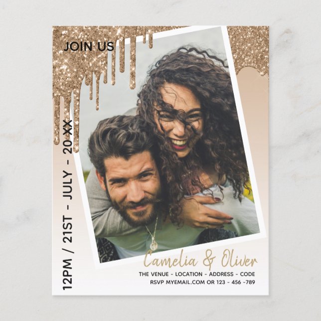 BUDGET Gold Glitter PHOTO Save Date Wedding Flyer (Front)
