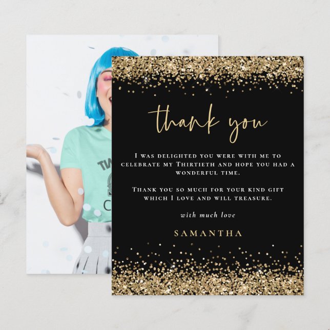 Budget Gold Glitter Photo Thirtieth Black Thankyou (Front/Back)