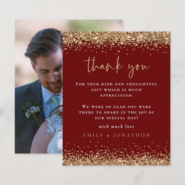 Budget Gold Glitter Photo Wedding Burgundy Thanks (Front/Back)