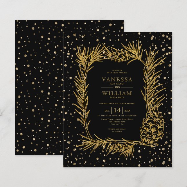 BUDGET Gold glitter pine black wedding invitation (Front/Back)