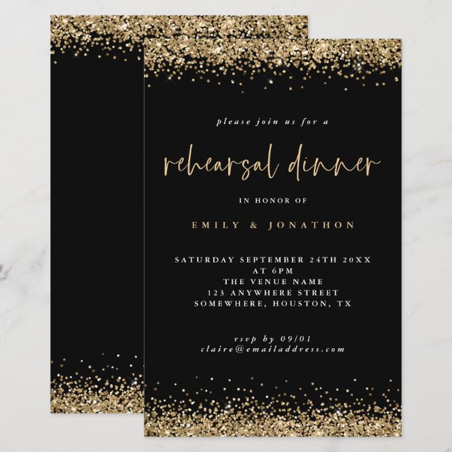 Budget Gold Glitter Rehearsal Dinner Black Invite (Front/Back)