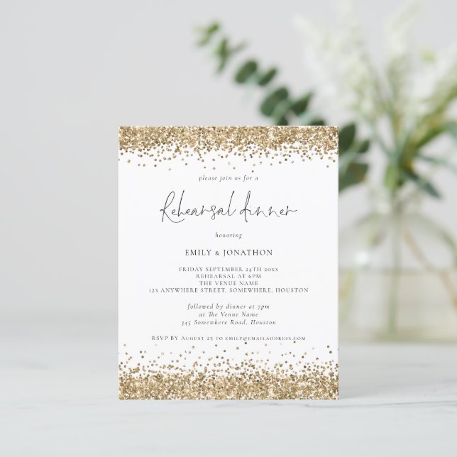 Budget Gold Glitter Rehearsal Dinner Invitation (Standing Front)