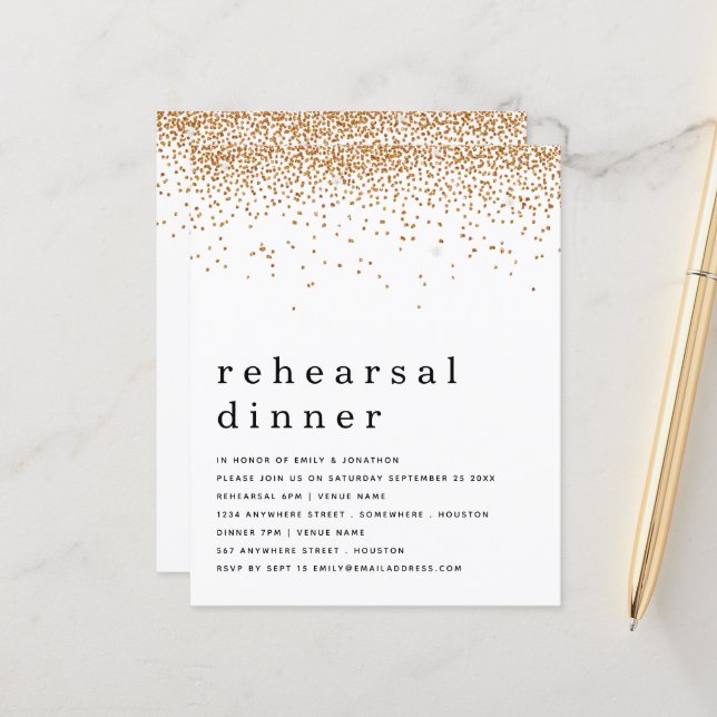 Budget Gold Glitter Rehearsal Dinner Invitation (Front/Back In Situ)