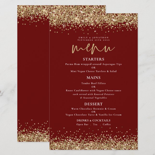 Budget Gold Glitter Script Wedding Burgundy Menu (Front/Back)