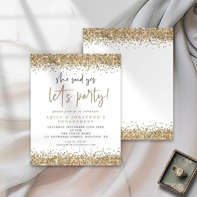 Budget Gold Glitter She Said Yes Engagement Invite (Front and back view)