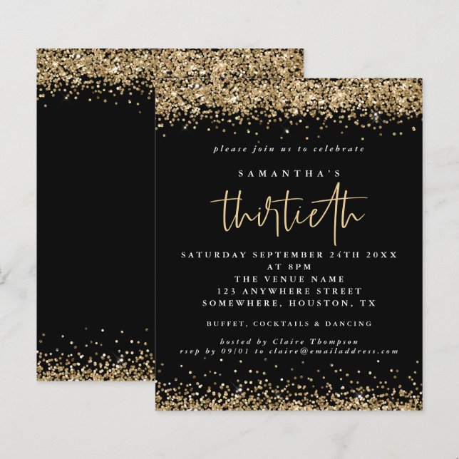 Budget Gold Glitter Thirtieth Party Black Invite (Front/Back)