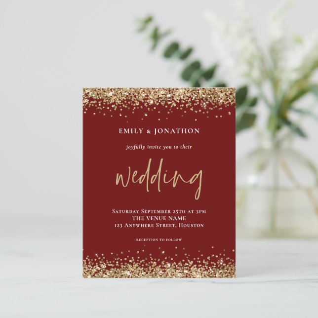 Budget Gold Glitter Wedding Burgundy Invitation (Standing Front)