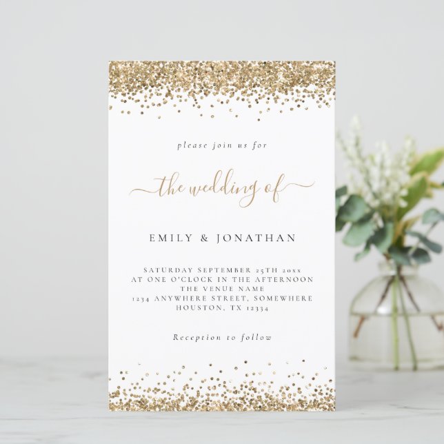 Budget Gold Glitter Wedding White Invitation (Standing Front)