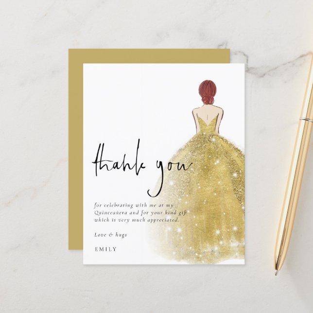 Budget Gold Gown Girl Auburn Quinceañera Thanks (Front/Back In Situ)
