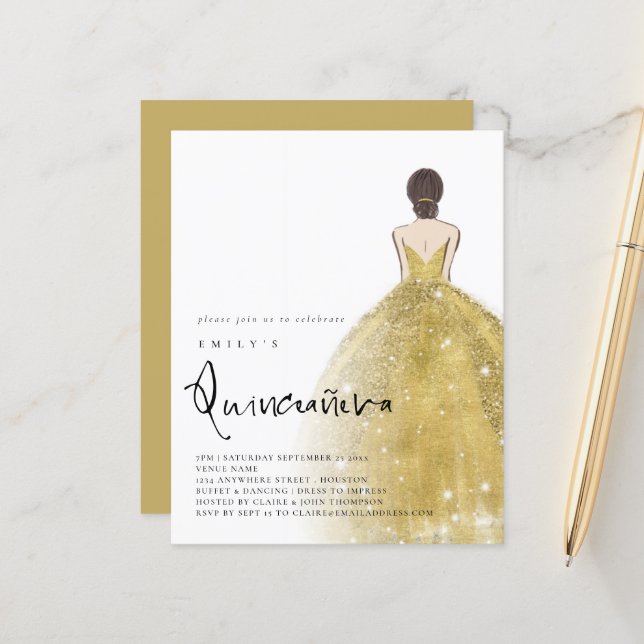 Budget Gold Gown Girl Brunette Hair QR Quinceañera (Front/Back In Situ)