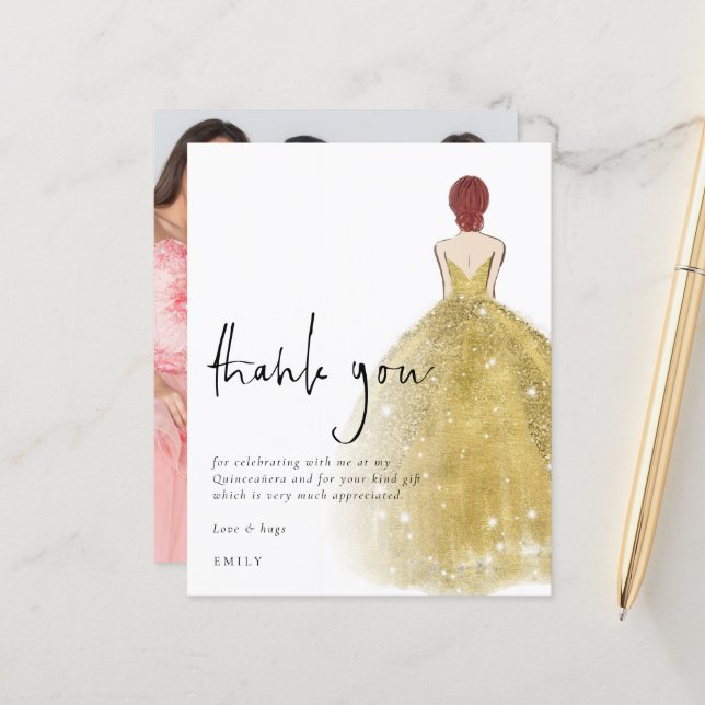 Budget Gold Gown Photo Auburn Quinceañera Thanks (Front/Back In Situ)