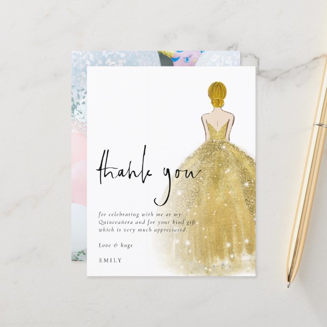 Budget Gold Gown Photo Blonde Quinceañera Thanks (Front/Back In Situ)