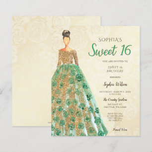 Budget Gold Green Dress Sweet 16 Invitation