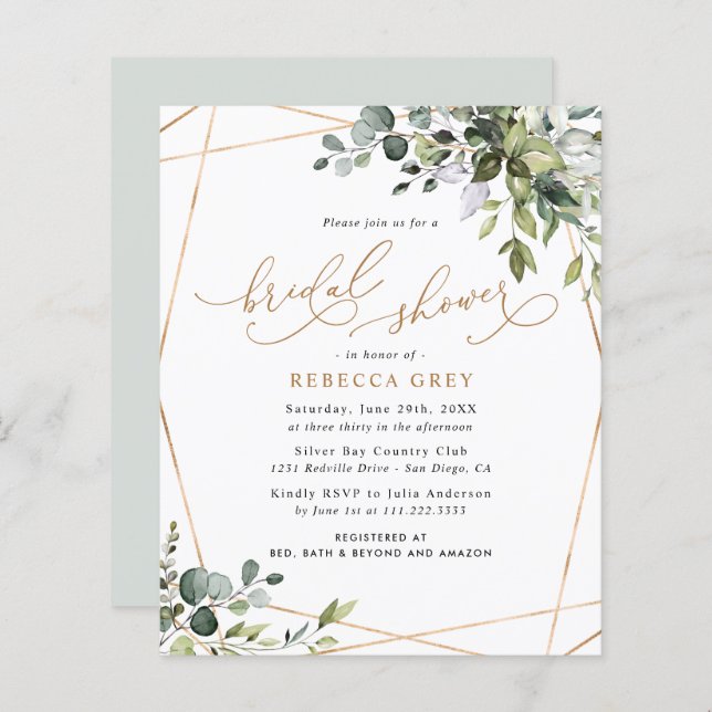 Budget Gold Greenery Bridal Shower Invitation (Front/Back)