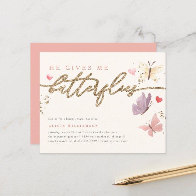 Budget Gold He Gives Me Butterflies Bridal Shower (Front/Back In Situ)