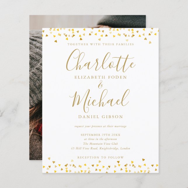 Budget Gold Hearts Confetti Photo Wedding Invite (Front/Back)