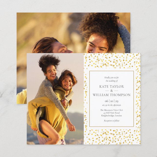 Budget Gold Hearts Photos Wedding Invitation (Front/Back)