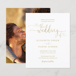Budget Gold Hearts Script Photo Wedding Invitation