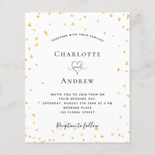 Budget gold hearts white wedding invitation