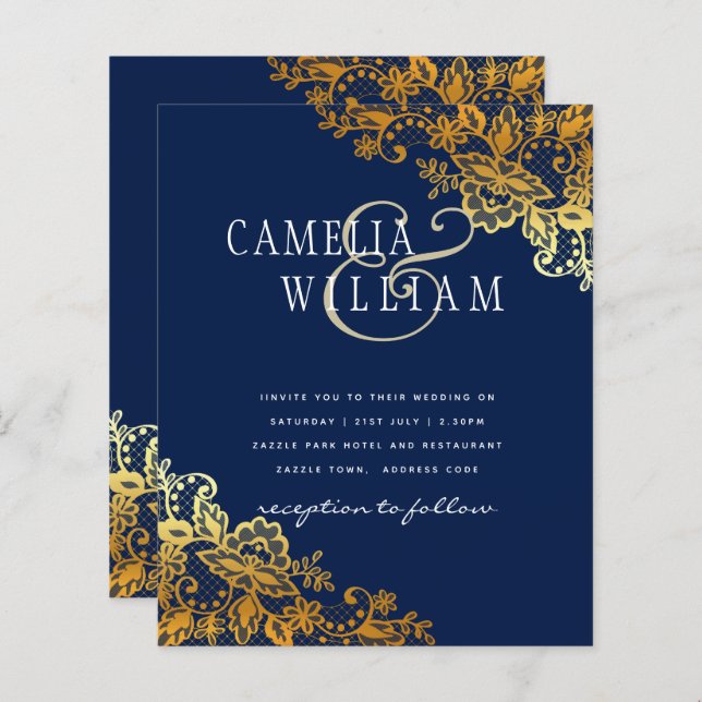 BUDGET Gold Lace Classic Ampersand Wedding Invite (Front/Back)