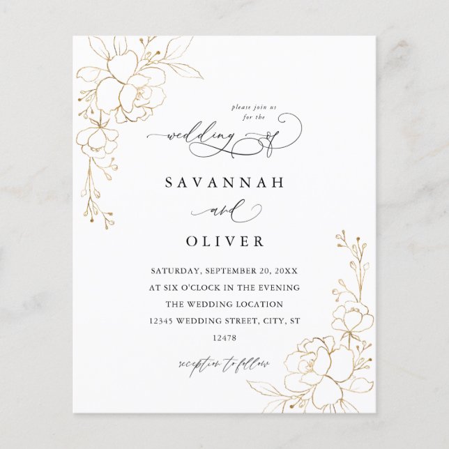 Budget Gold Lined Floral Wedding Flyer (Front)