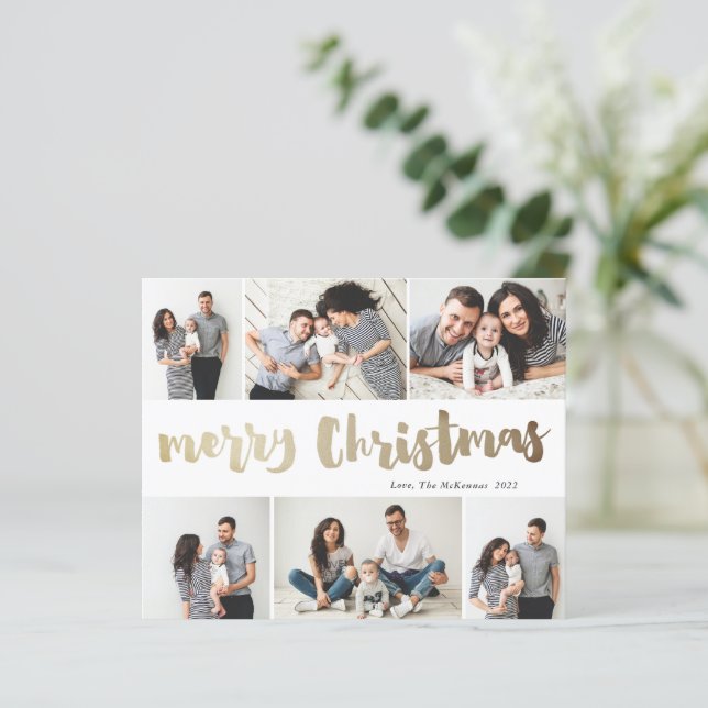 Budget Gold Merry Christmas 6 Photo Holiday Card (Standing Front)