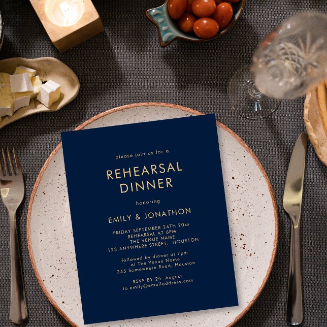 Budget Gold Navy Blue Rehearsal Dinner Invitation (Creator Uploaded)