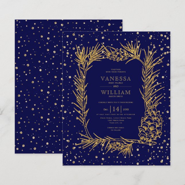BUDGET Gold pine navy blue wedding invitation (Front/Back)