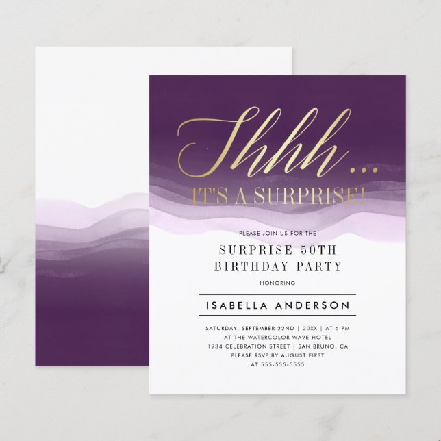 Budget Gold & Purple Watercolor Surprise Birthday (Front/Back)