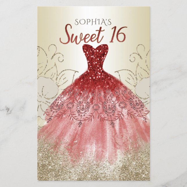 Budget Gold Red Dress Sweet 16 Invitation (Front)