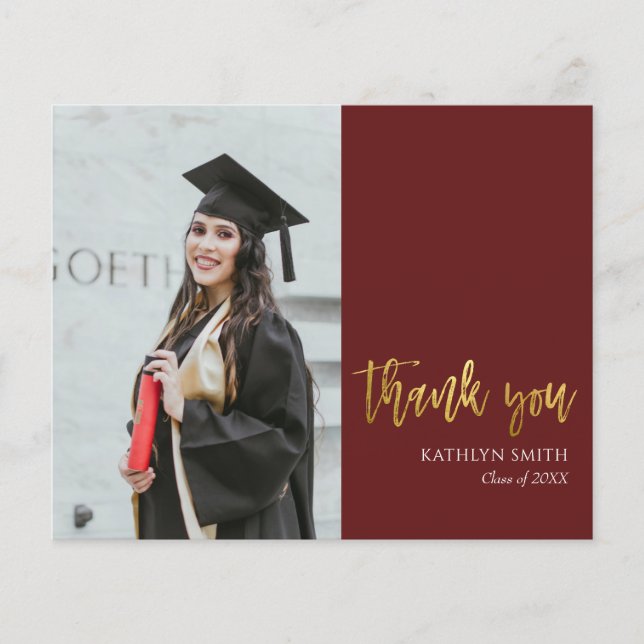 BUDGET Gold Red Modern Photo Graduation Thank You (Front)