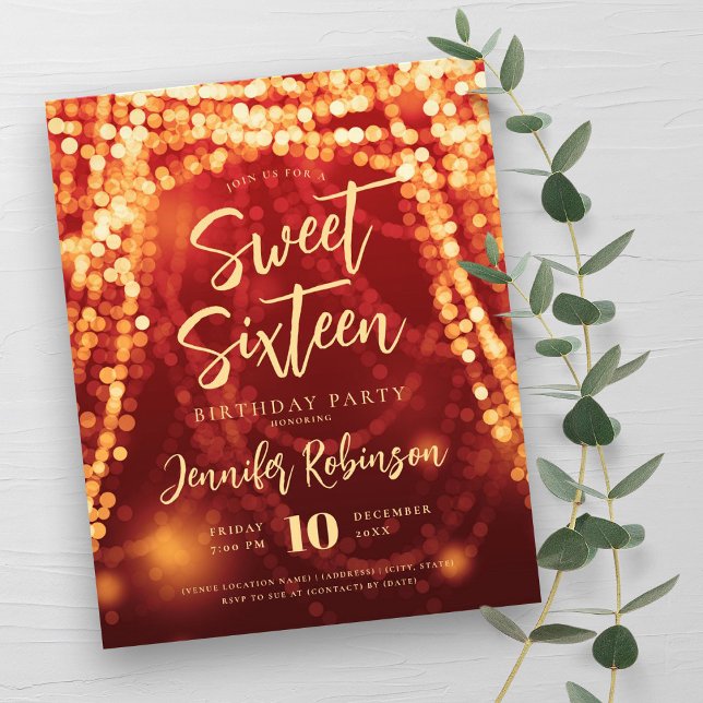 Budget Gold Red String Lights Sweet 16 Invite Flyer (Budget Gold Red String Lights Sweet 16 Invite Flyer)
