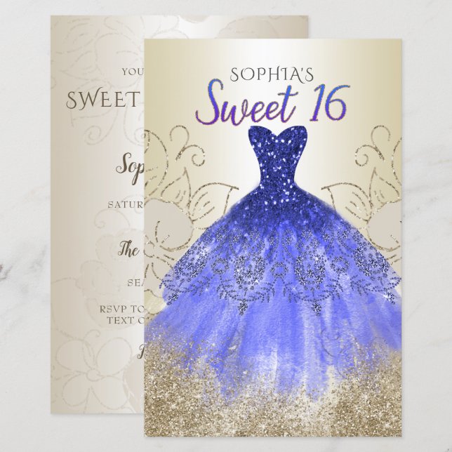 Budget Gold Royal Blue Dress Sweet 16  Invitation (Front/Back)