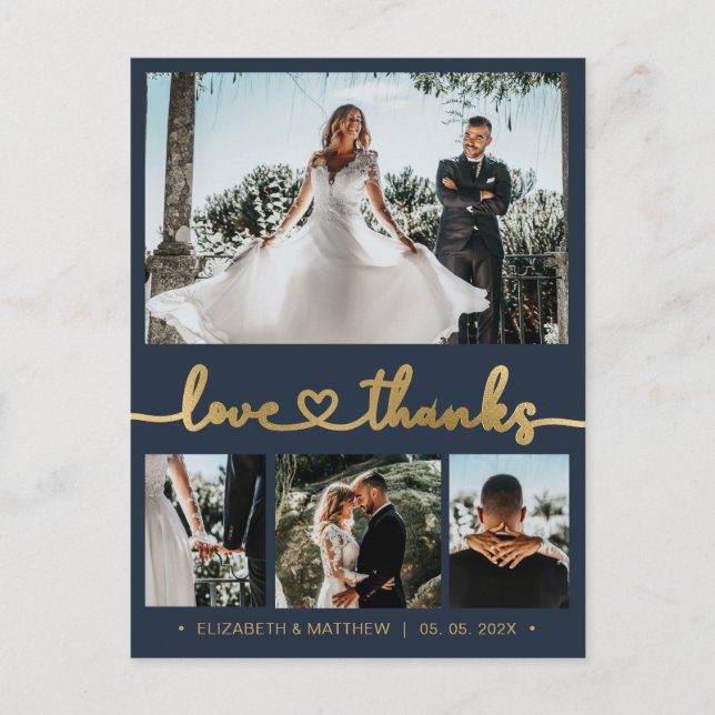 Budget Gold Script 4 Photo Wedding Thank You  Postcard (Front)