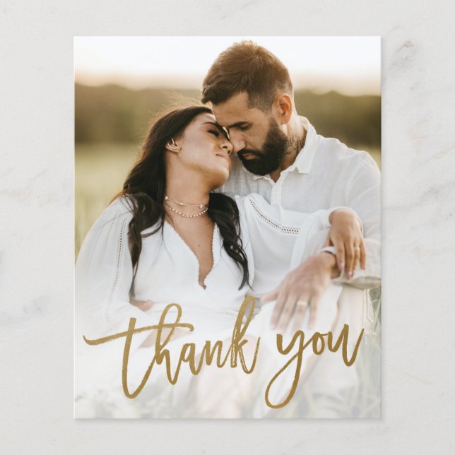 Budget Gold Script Photo Wedding Thank You Card (Front)