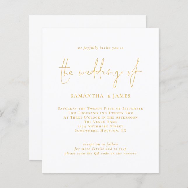 Budget Gold Script QR Code Wedding Invitation (Front/Back)