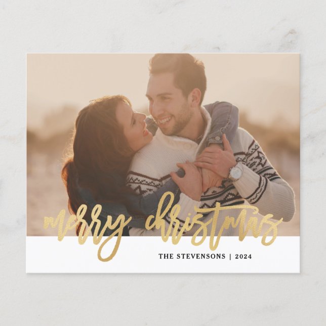 Budget Gold Simple Merry Christmas Photo Holiday (Front)