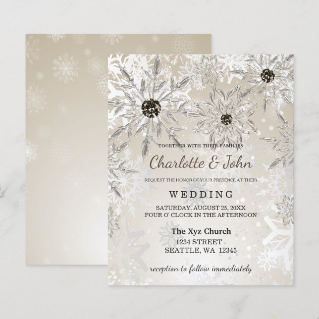 Budget Gold Snowflakes Winter Wedding Invitation (Front/Back)