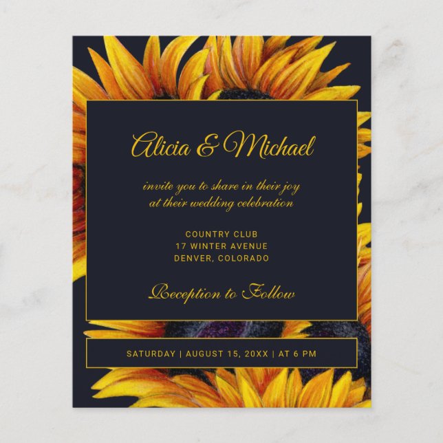 Budget gold sunflowers modern wedding invitation (Front)