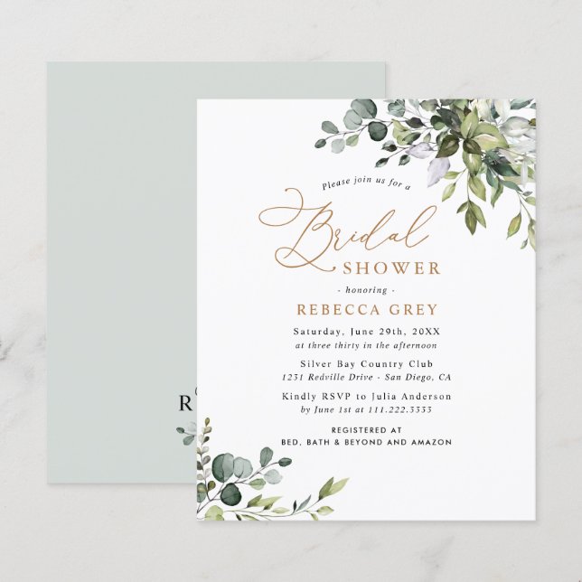 Budget Gold Text Greenery Bridal Shower Invitation (Front/Back)